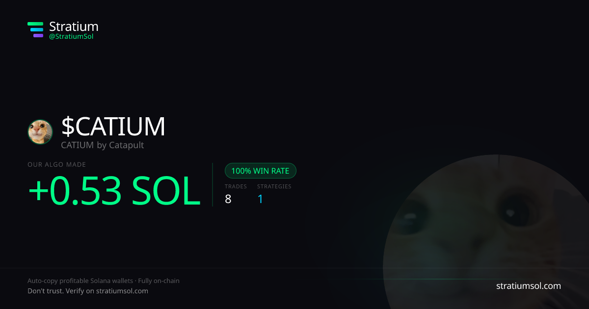 CATIUM copy trading performance on Stratium — 8 trades, 100% win rate, +0.53 SOL PnL