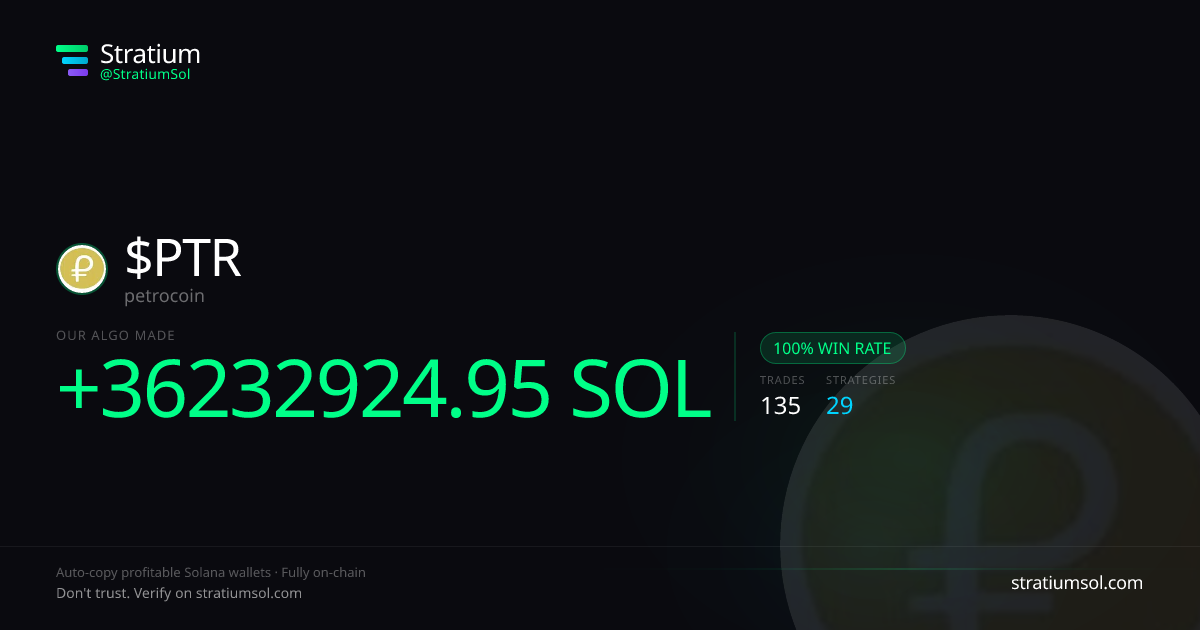 PTR copy trading performance on Stratium — 135 trades, 100% win rate, +36232924.95 SOL PnL