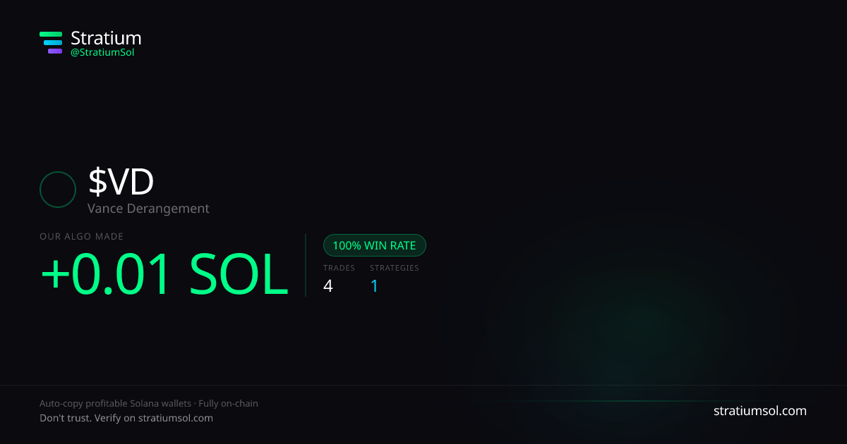 VD copy trading performance on Stratium — 4 trades, 100% win rate, +0.01 SOL PnL
