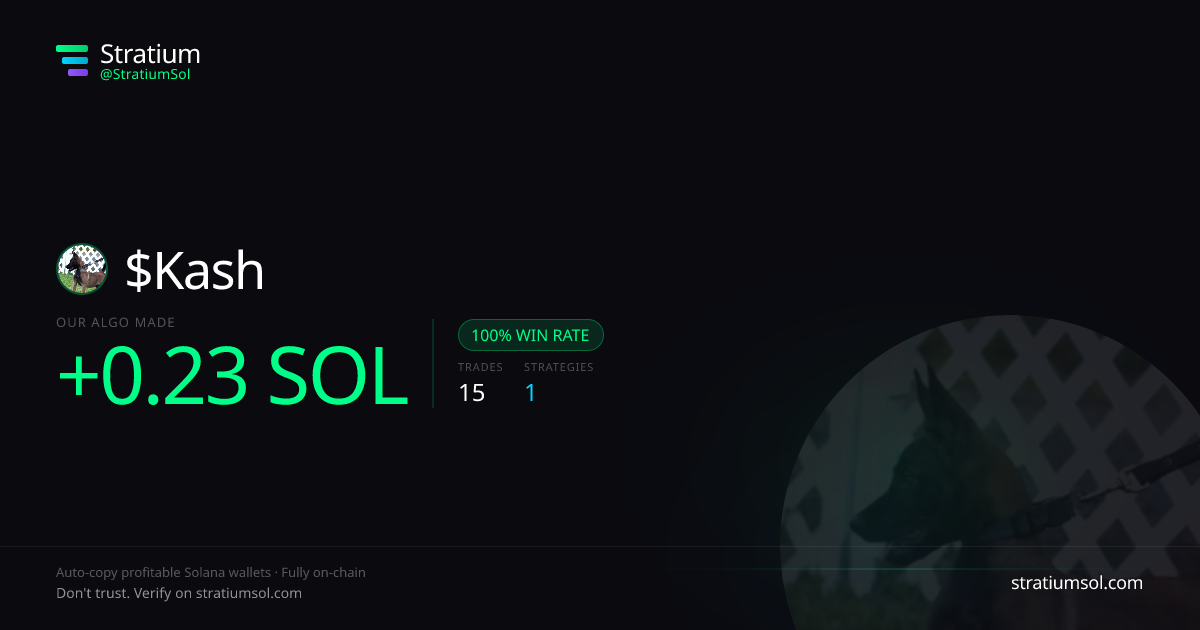 Kash copy trading performance on Stratium — 15 trades, 100% win rate, +0.23 SOL PnL
