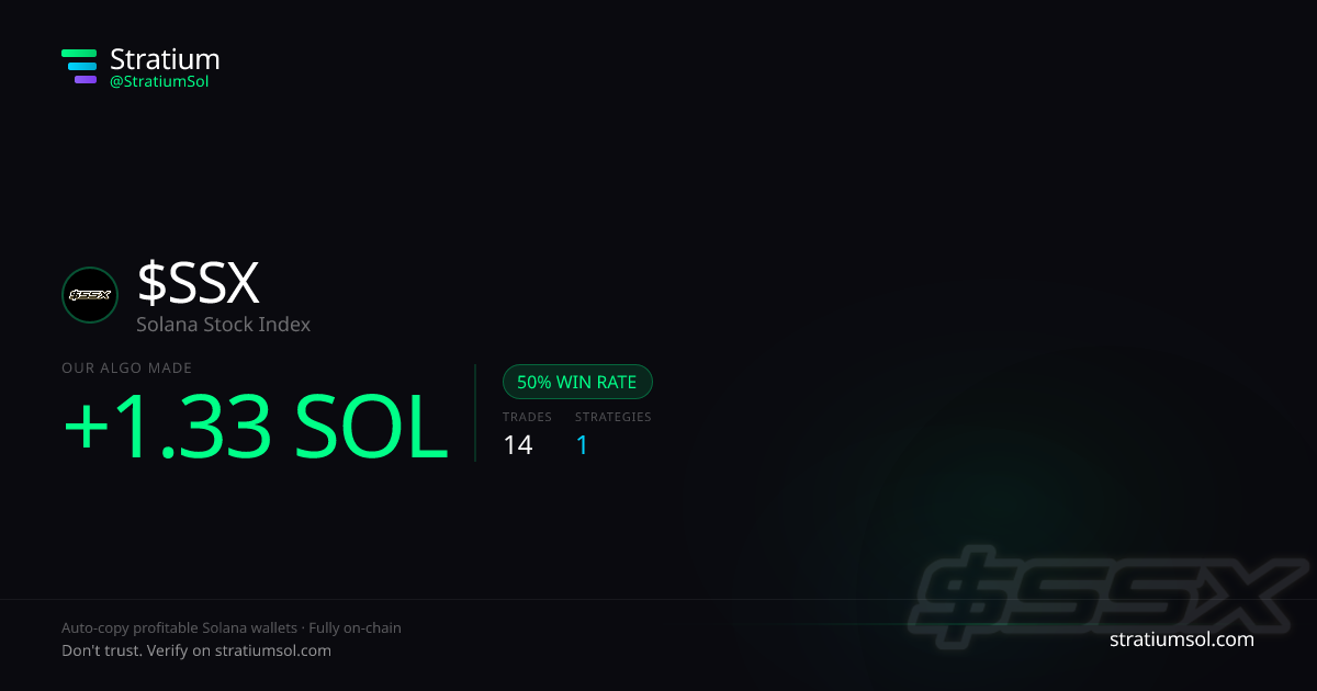 SSX copy trading performance on Stratium — 14 trades, 50% win rate, +1.33 SOL PnL