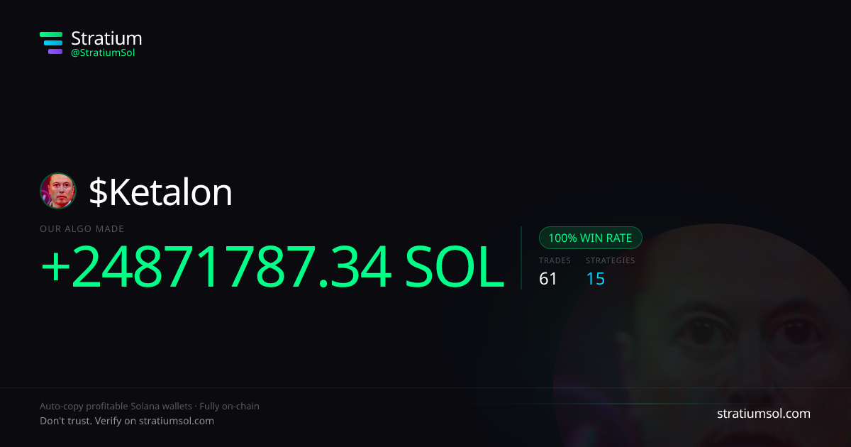 Ketalon copy trading performance on Stratium — 61 trades, 100% win rate, +24871787.34 SOL PnL