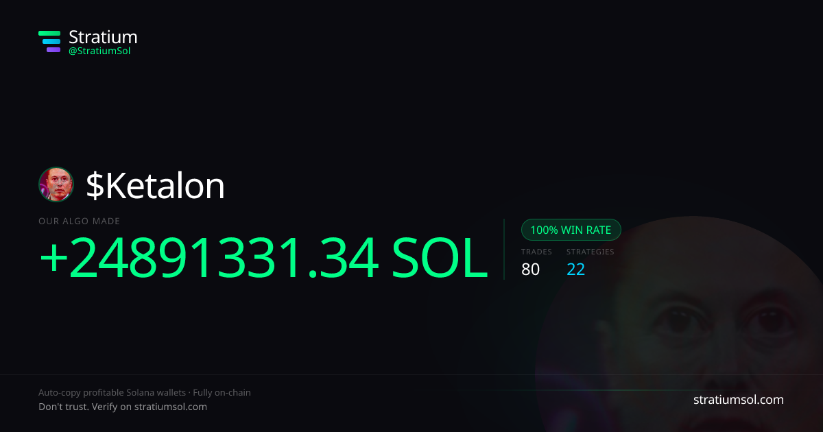Ketalon copy trading performance on Stratium — 80 trades, 100% win rate, +24891331.34 SOL PnL