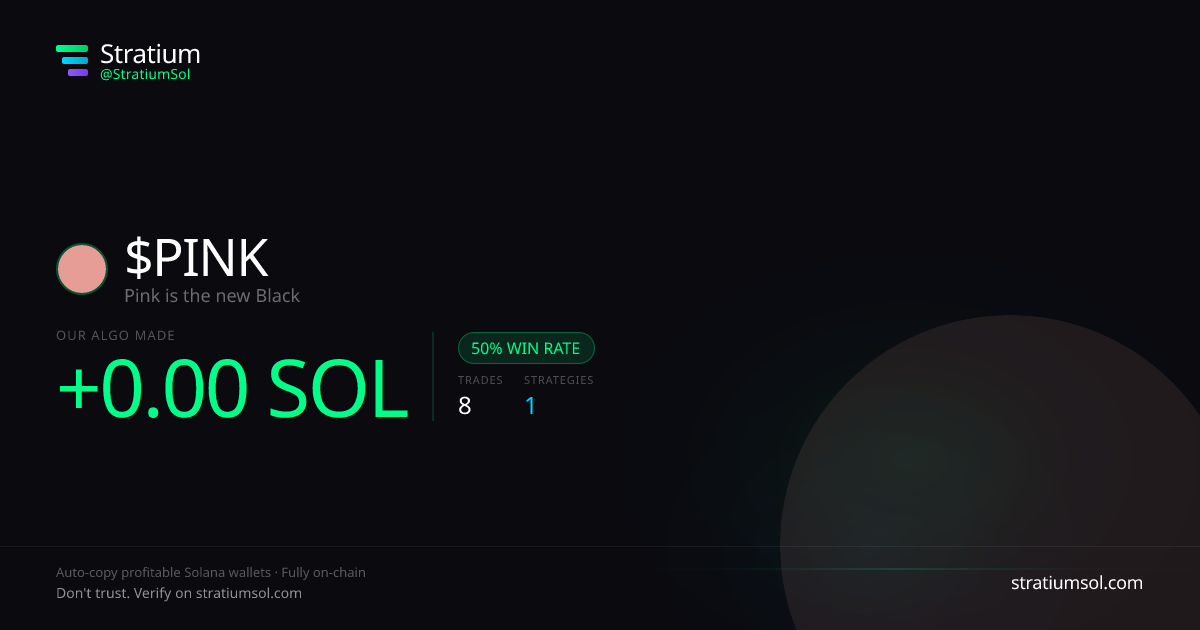 PINK copy trading performance on Stratium — 8 trades, 50% win rate, -0.00 SOL PnL