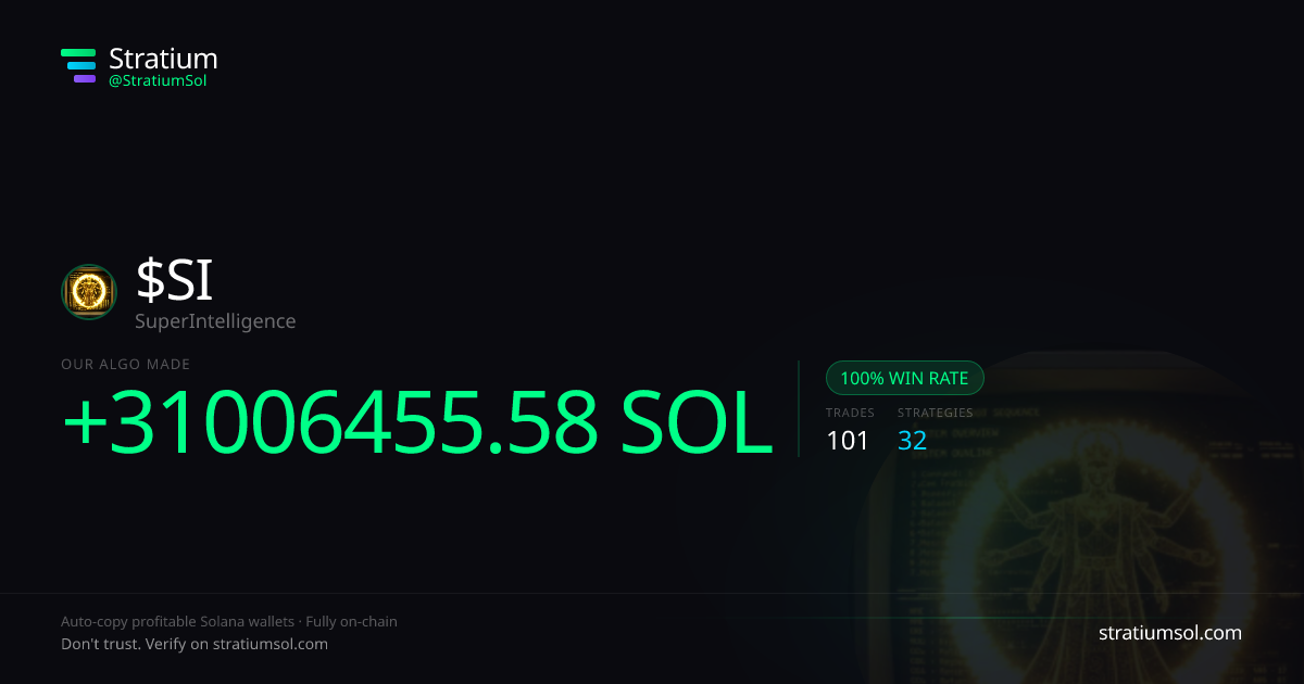 SI copy trading performance on Stratium — 101 trades, 100% win rate, +31006455.58 SOL PnL