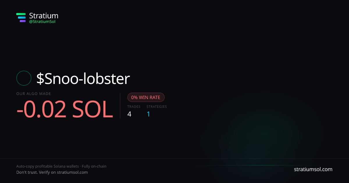 Snoo-lobster copy trading performance on Stratium — 4 trades, 0% win rate, -0.02 SOL PnL