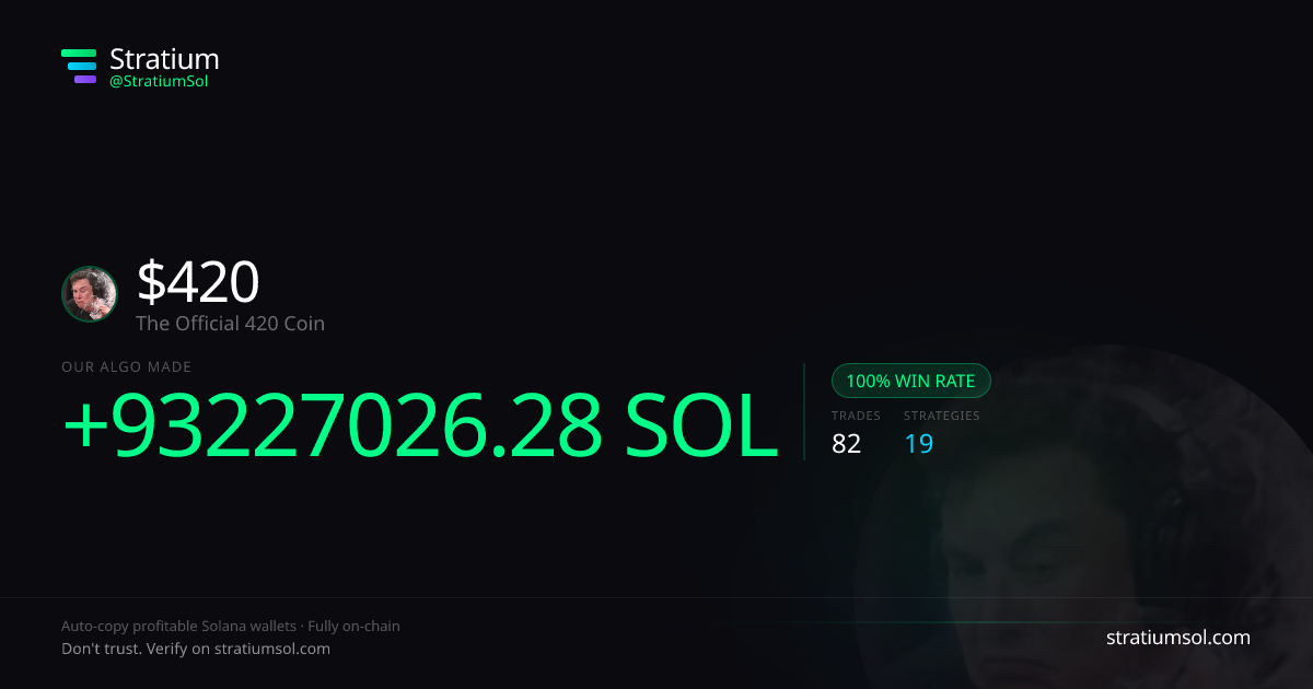 420 copy trading performance on Stratium — 82 trades, 100% win rate, +93227026.28 SOL PnL