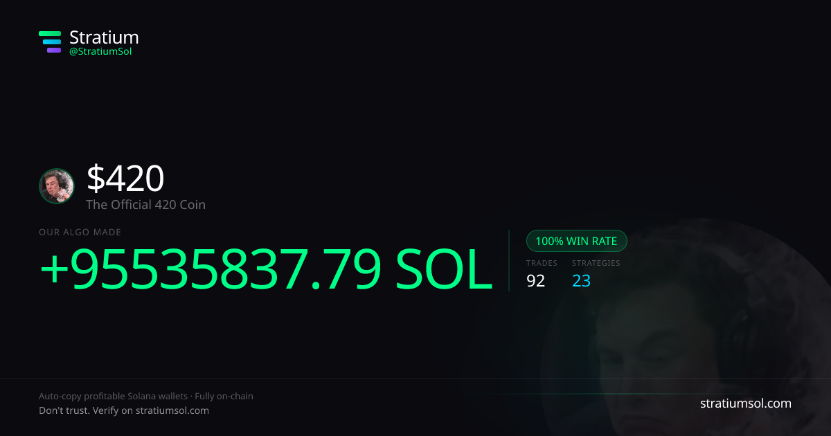 420 copy trading performance on Stratium — 92 trades, 100% win rate, +95535837.79 SOL PnL