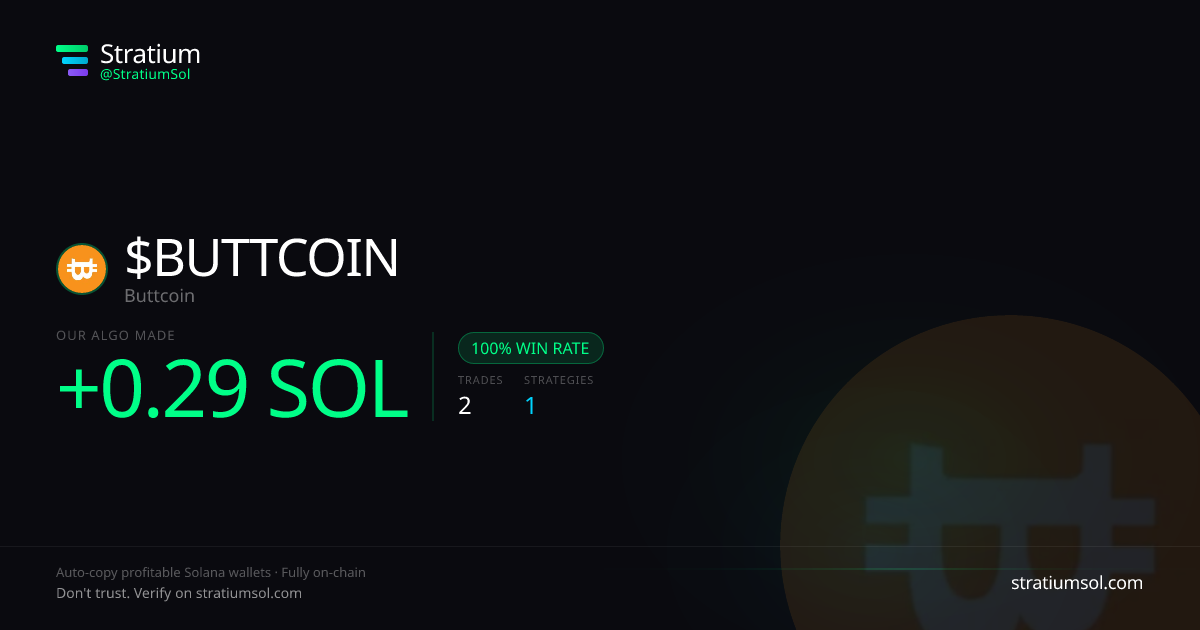 BUTTCOIN copy trading performance on Stratium — 2 trades, 100% win rate, +0.29 SOL PnL
