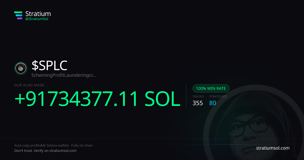 SPLC copy trading performance on Stratium — 355 trades, 100% win rate, +91734377.11 SOL PnL