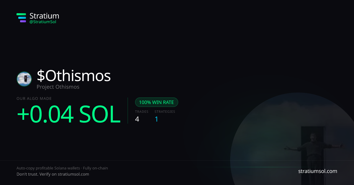 Othismos copy trading performance on Stratium — 4 trades, 100% win rate, +0.04 SOL PnL
