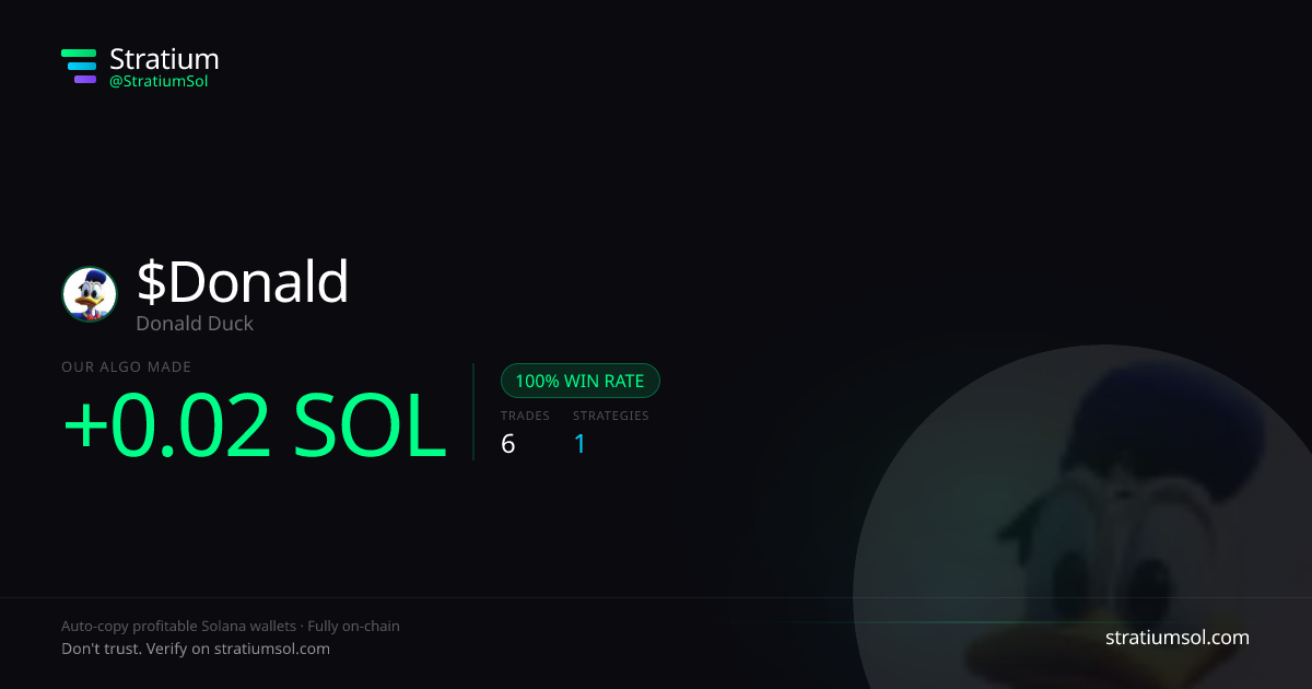 Donald copy trading performance on Stratium — 6 trades, 100% win rate, +0.02 SOL PnL
