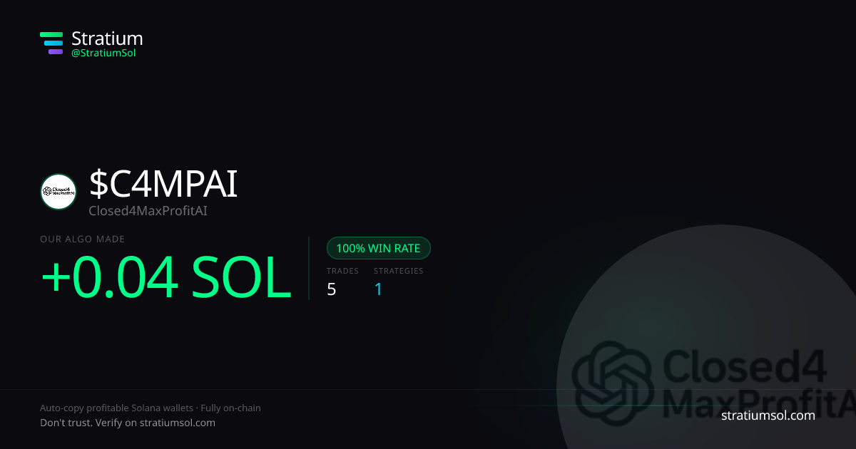 C4MPAI copy trading performance on Stratium — 5 trades, 100% win rate, +0.04 SOL PnL
