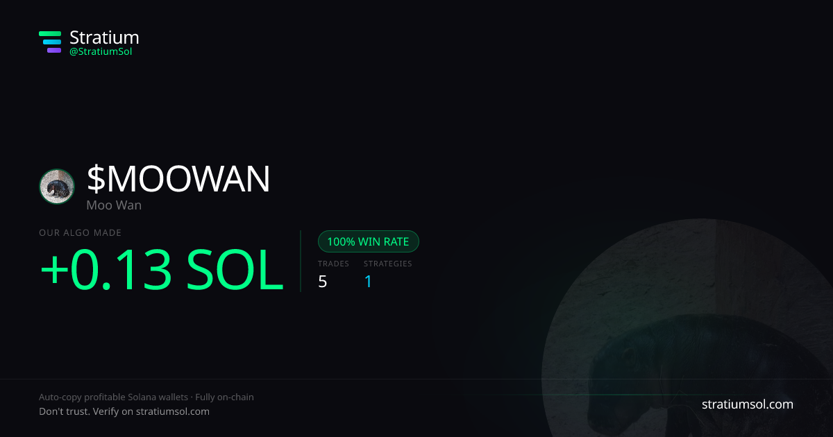 MOOWAN copy trading performance on Stratium — 5 trades, 100% win rate, +0.13 SOL PnL