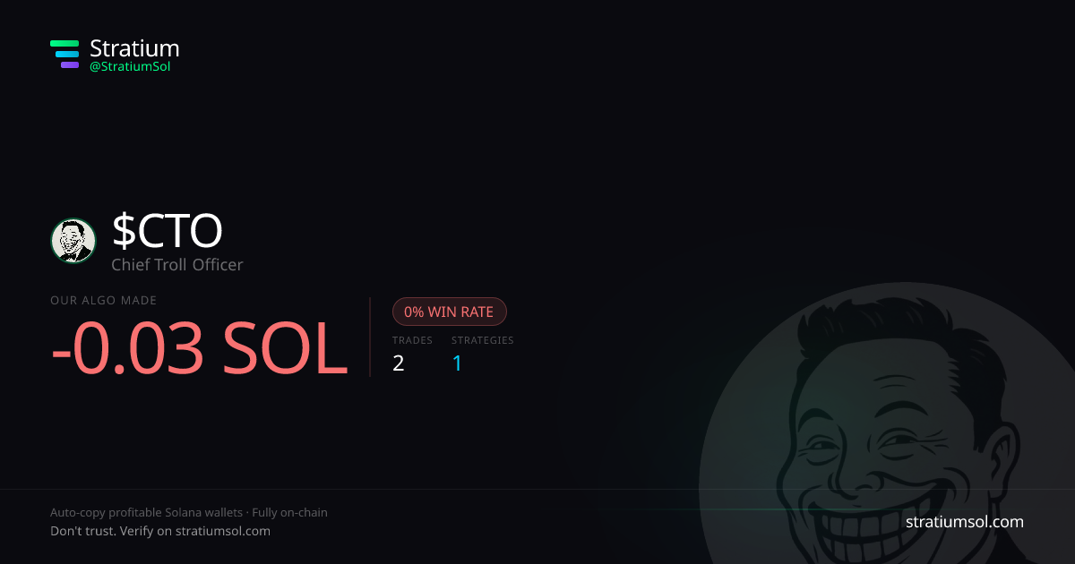 CTO copy trading performance on Stratium — 2 trades, 0% win rate, -0.03 SOL PnL