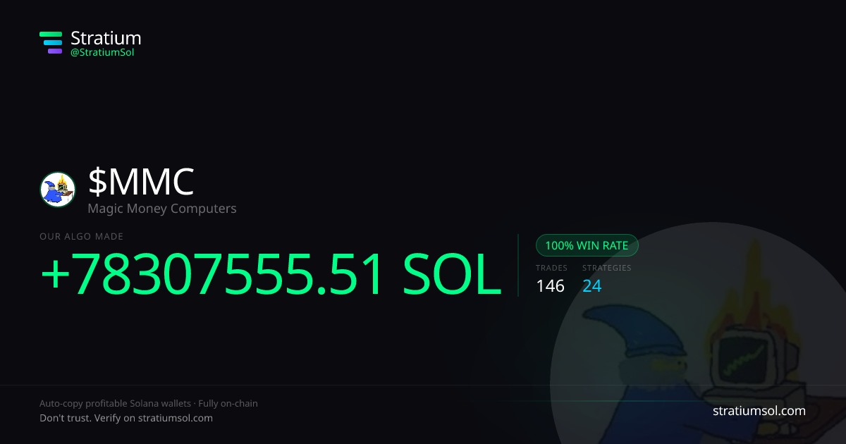 MMC copy trading performance on Stratium — 146 trades, 100% win rate, +78307555.51 SOL PnL
