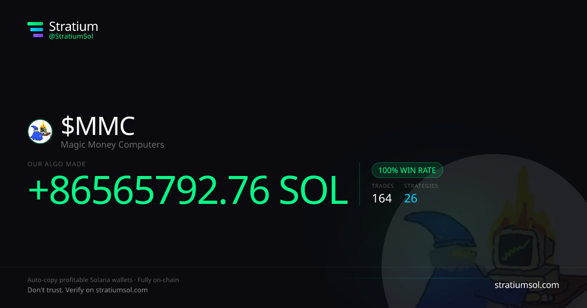 MMC copy trading performance on Stratium — 164 trades, 100% win rate, +86565792.76 SOL PnL