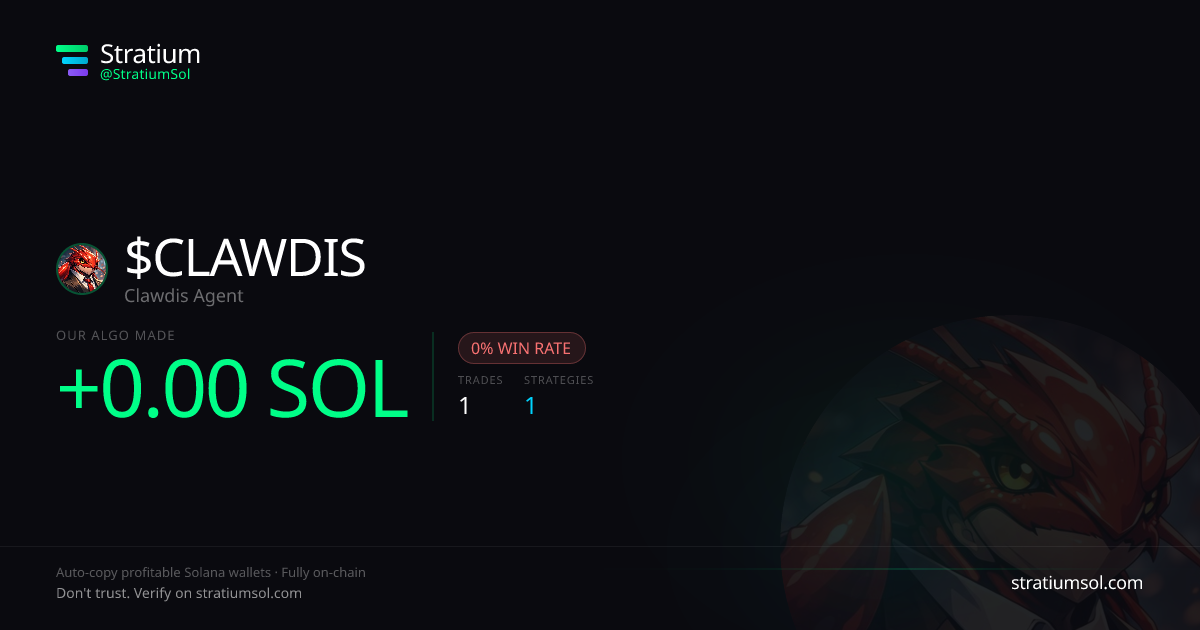 CLAWDIS copy trading performance on Stratium — 1 trades, 0% win rate, +0.00 SOL PnL