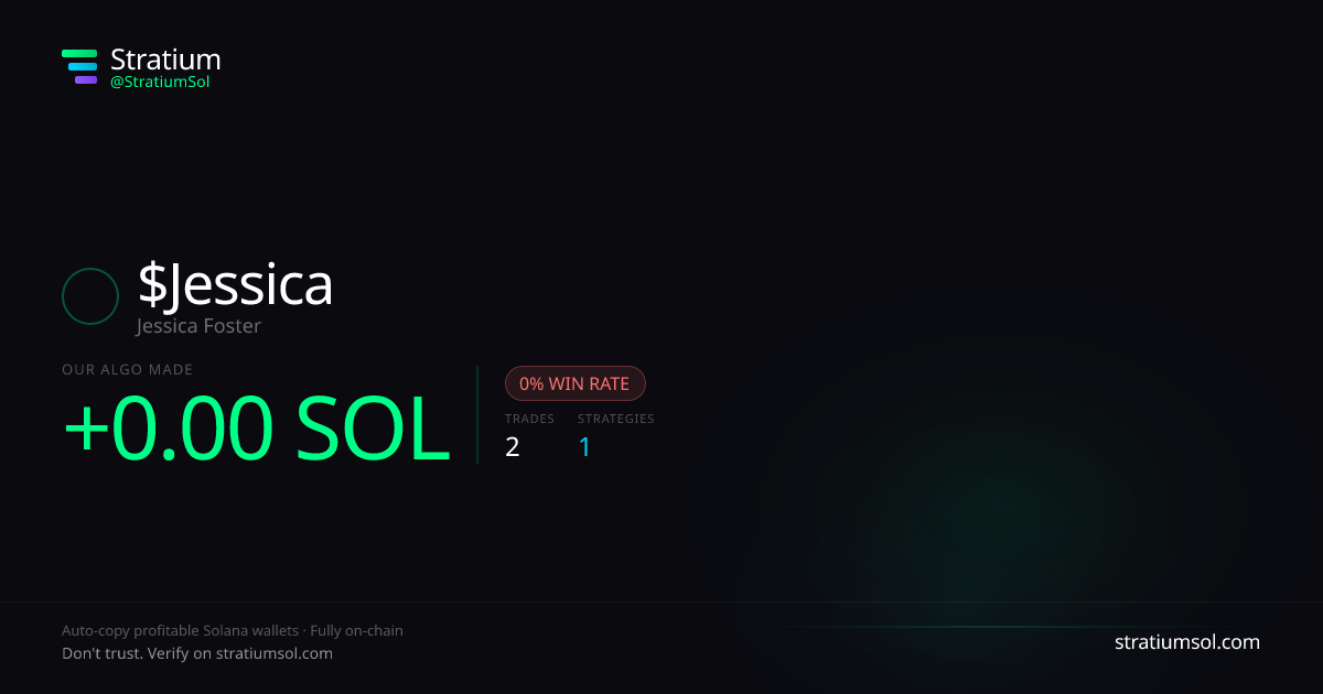 Jessica copy trading performance on Stratium — 2 trades, 0% win rate, +0.00 SOL PnL