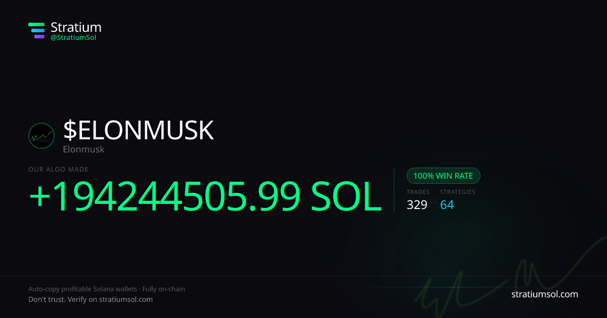 ELONMUSK copy trading performance on Stratium — 329 trades, 100% win rate, +194244505.99 SOL PnL
