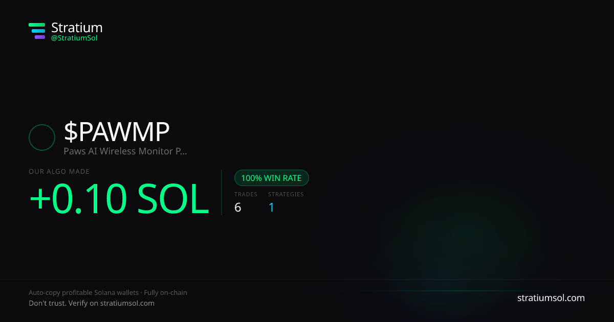 PAWMP copy trading performance on Stratium — 6 trades, 100% win rate, +0.10 SOL PnL