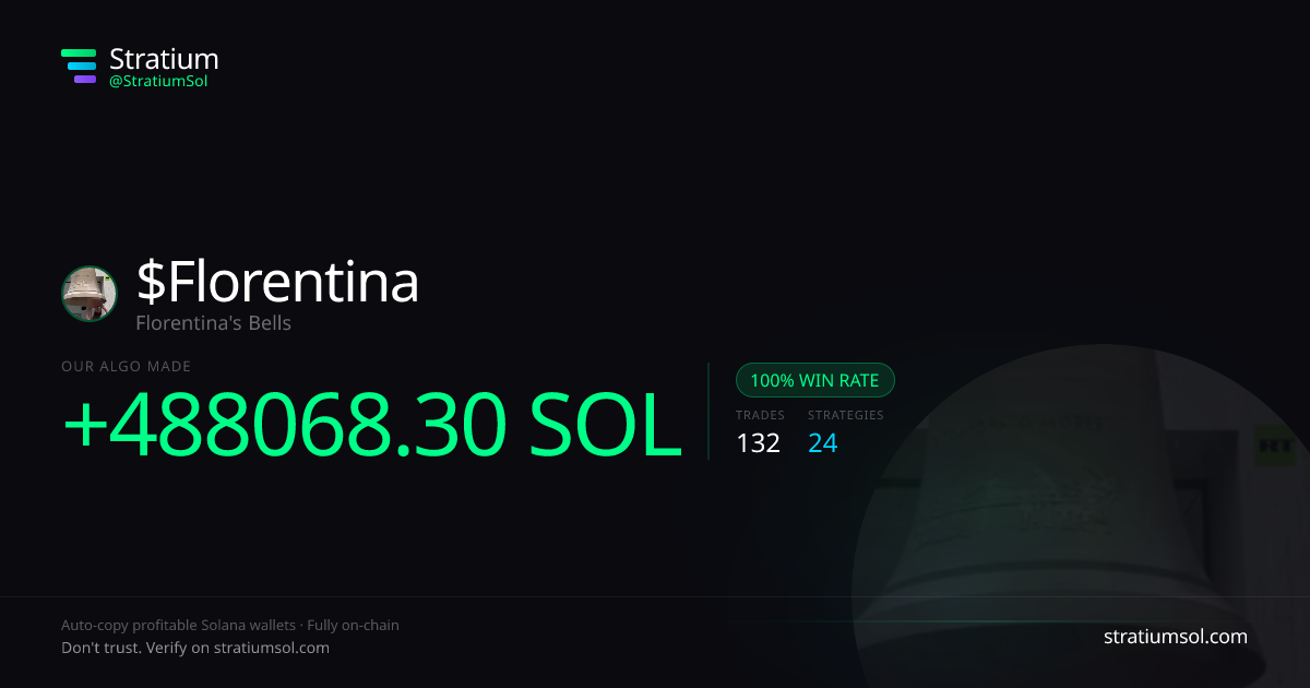 Florentina copy trading performance on Stratium — 132 trades, 100% win rate, +488068.30 SOL PnL