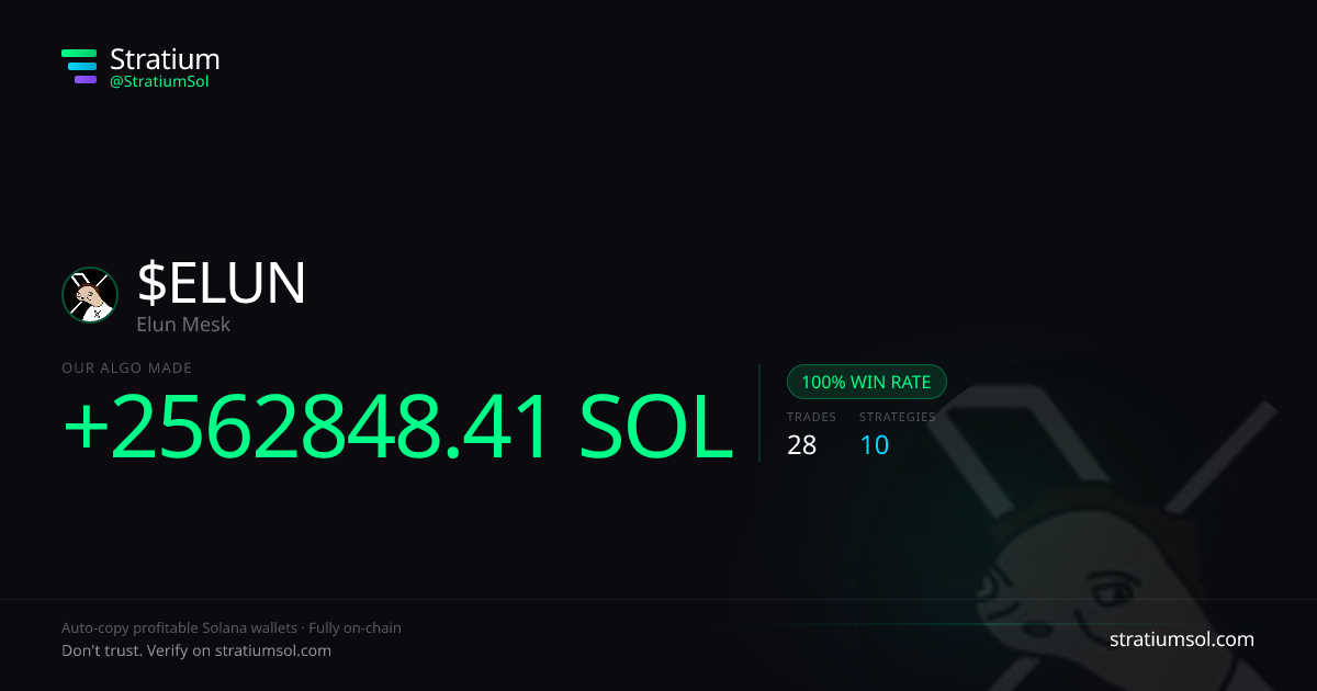 ELUN copy trading performance on Stratium — 28 trades, 100% win rate, +2562848.41 SOL PnL
