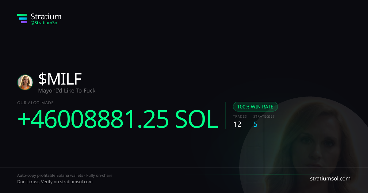 MILF copy trading performance on Stratium — 12 trades, 100% win rate, +46008881.25 SOL PnL