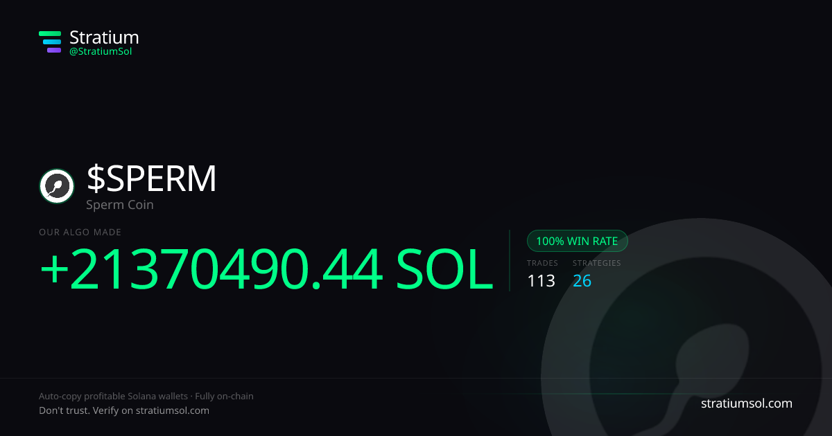 SPERM copy trading performance on Stratium — 113 trades, 100% win rate, +21370490.44 SOL PnL