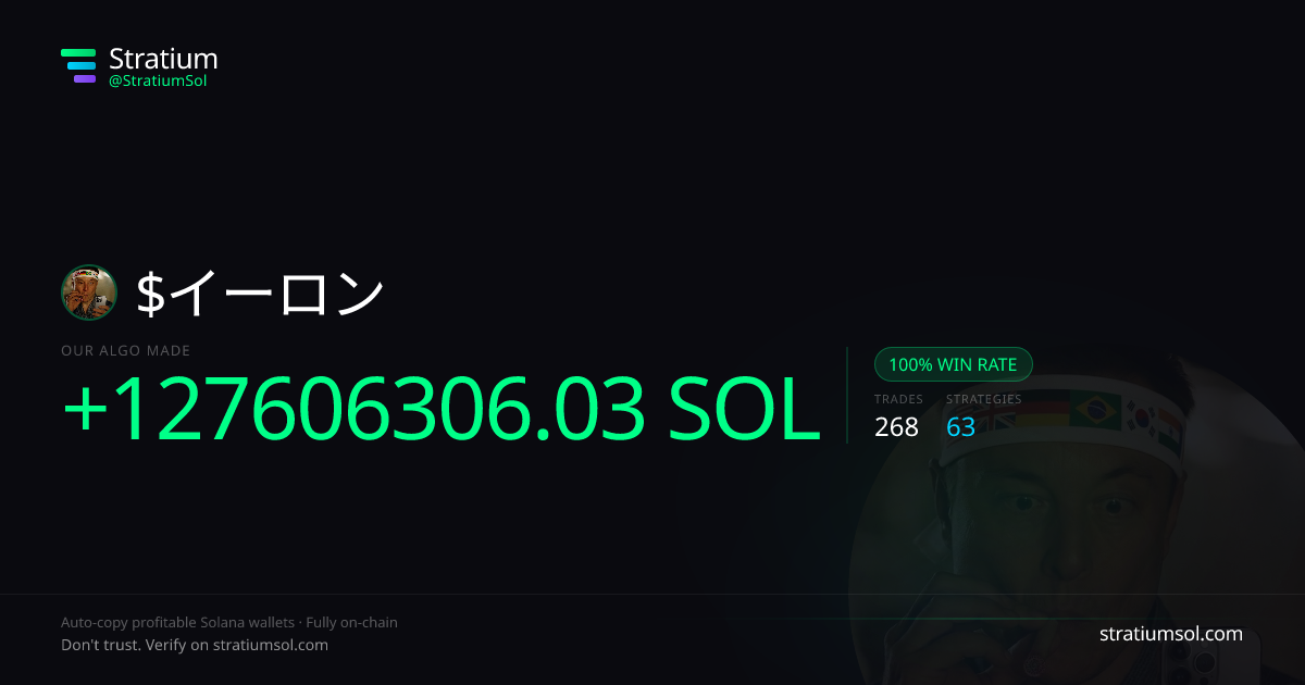 イーロン copy trading performance on Stratium — 268 trades, 100% win rate, +127606306.03 SOL PnL