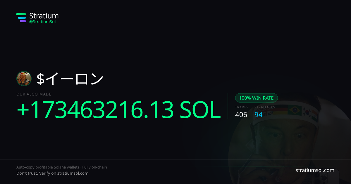 イーロン copy trading performance on Stratium — 406 trades, 100% win rate, +173463216.13 SOL PnL