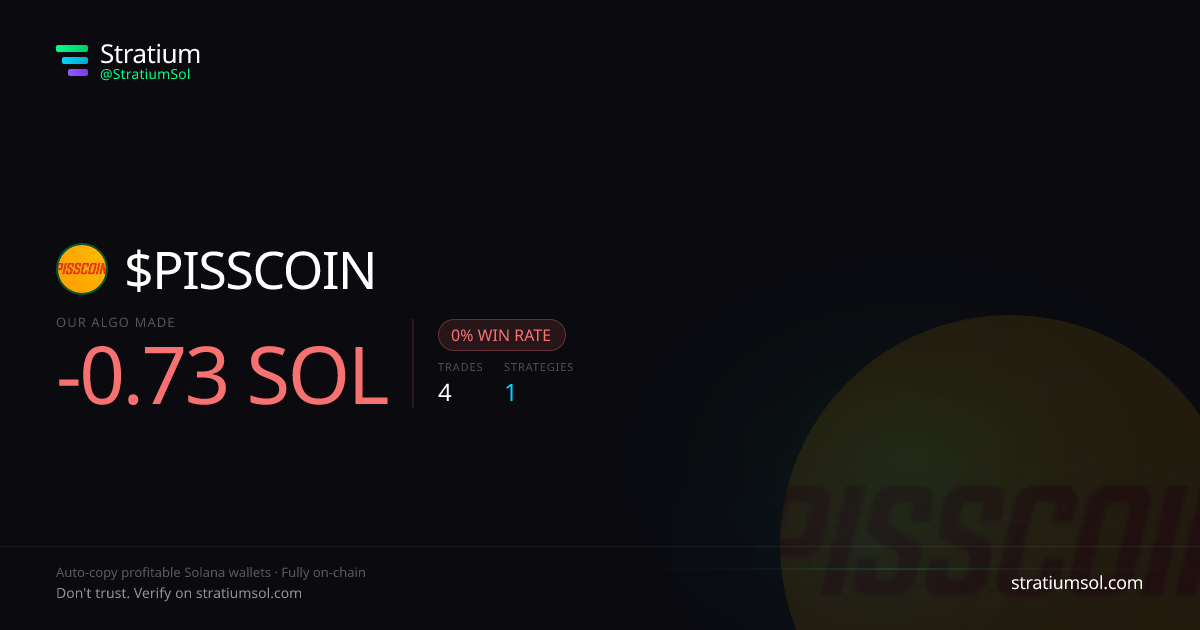 PISSCOIN copy trading performance on Stratium — 4 trades, 0% win rate, -0.73 SOL PnL