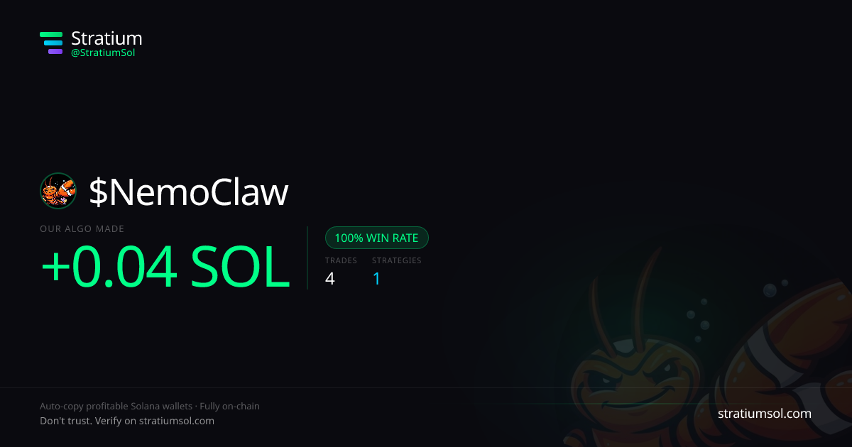 NemoClaw copy trading performance on Stratium — 4 trades, 100% win rate, +0.04 SOL PnL