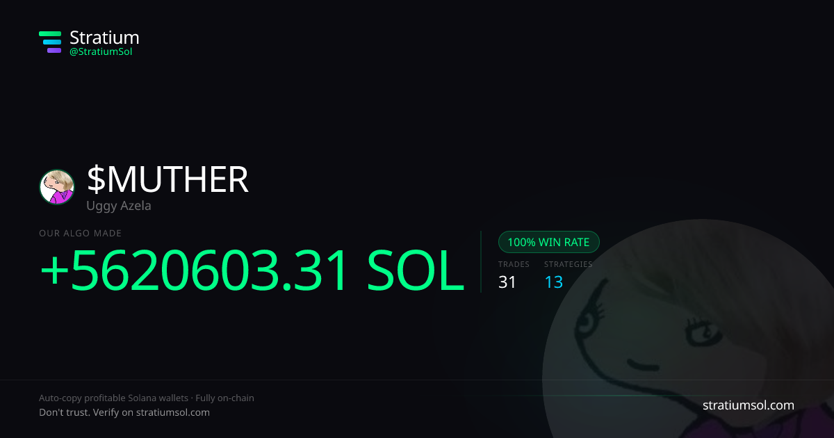 MUTHER copy trading performance on Stratium — 31 trades, 100% win rate, +5620603.31 SOL PnL