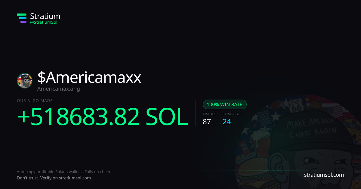 Americamaxx copy trading performance on Stratium — 87 trades, 100% win rate, +518683.82 SOL PnL