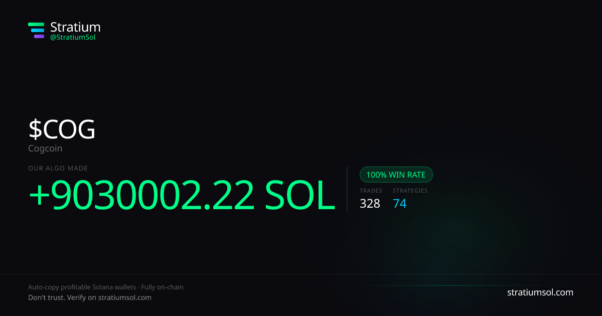 COG copy trading performance on Stratium — 328 trades, 100% win rate, +9030002.22 SOL PnL