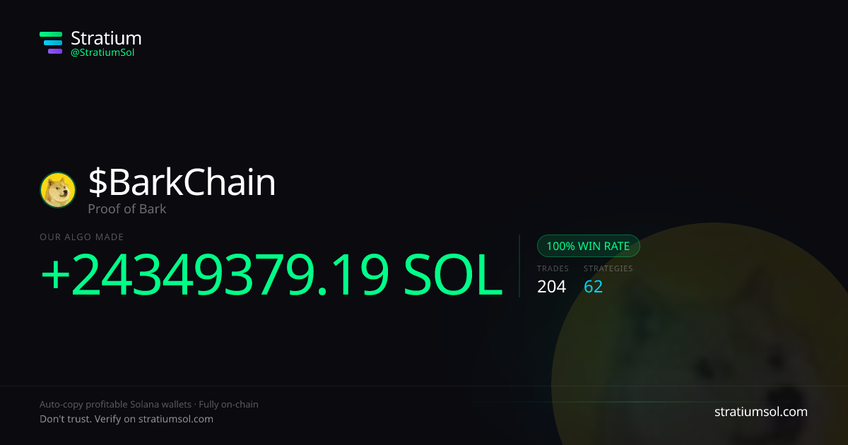 BarkChain copy trading performance on Stratium — 204 trades, 100% win rate, +24349379.19 SOL PnL