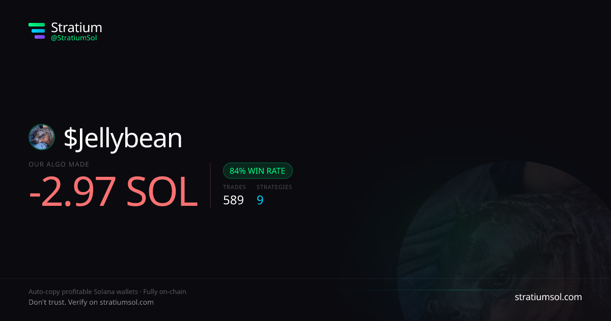 Jellybean copy trading performance on Stratium — 589 trades, 84% win rate, -2.97 SOL PnL