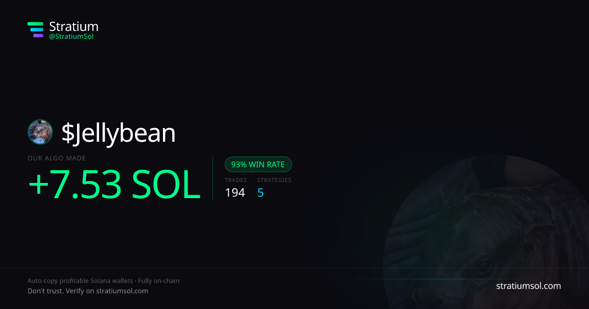 Jellybean copy trading performance on Stratium — 194 trades, 93% win rate, +7.53 SOL PnL