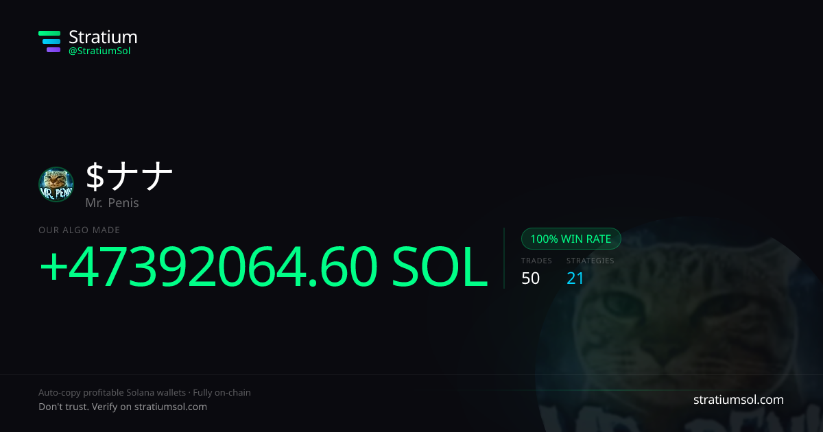 ナナ copy trading performance on Stratium — 50 trades, 100% win rate, +47392064.60 SOL PnL