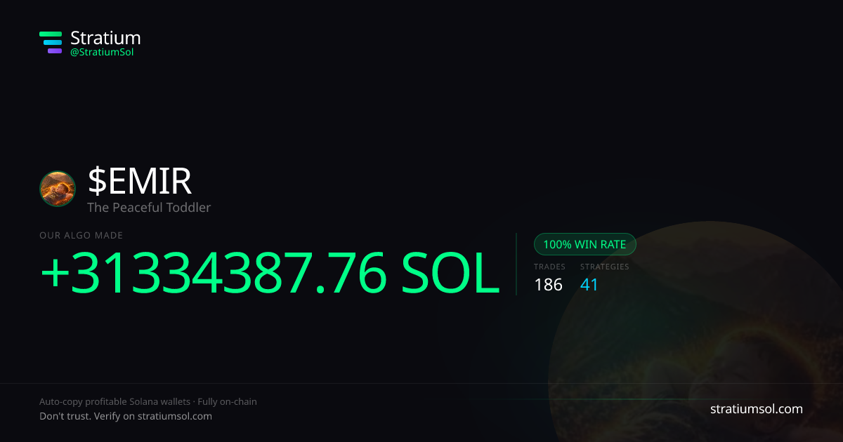 EMIR copy trading performance on Stratium — 186 trades, 100% win rate, +31334387.76 SOL PnL