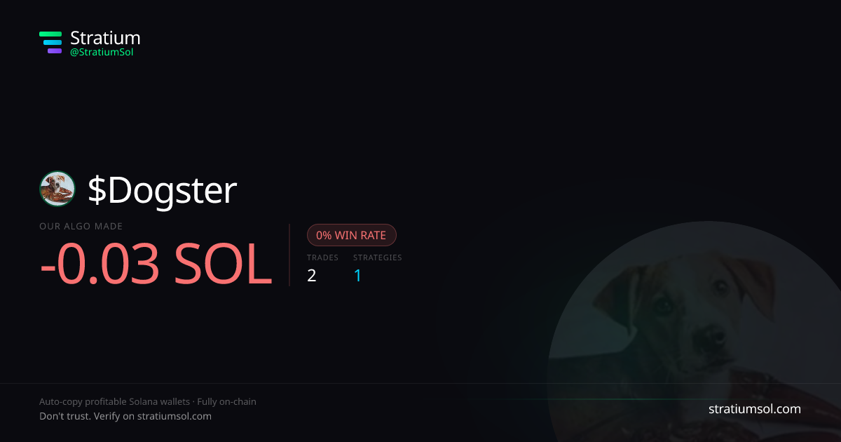 Dogster copy trading performance on Stratium — 2 trades, 0% win rate, -0.03 SOL PnL