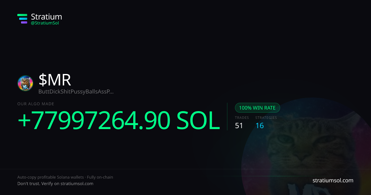 MR copy trading performance on Stratium — 51 trades, 100% win rate, +77997264.90 SOL PnL