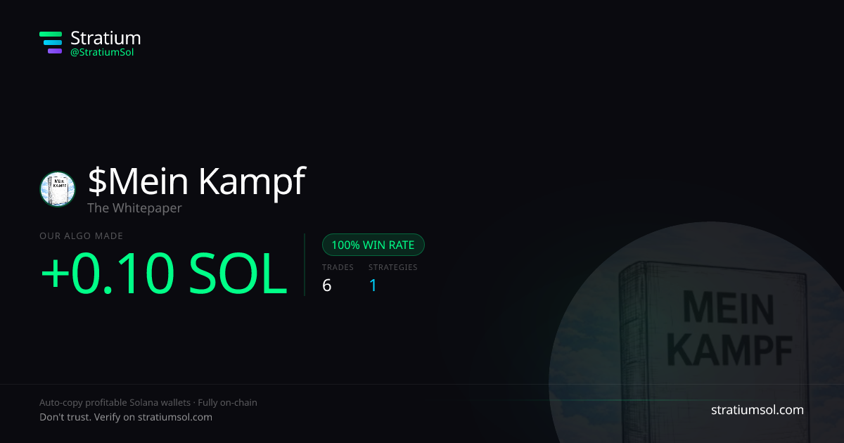 Mein Kampf copy trading performance on Stratium — 6 trades, 100% win rate, +0.10 SOL PnL