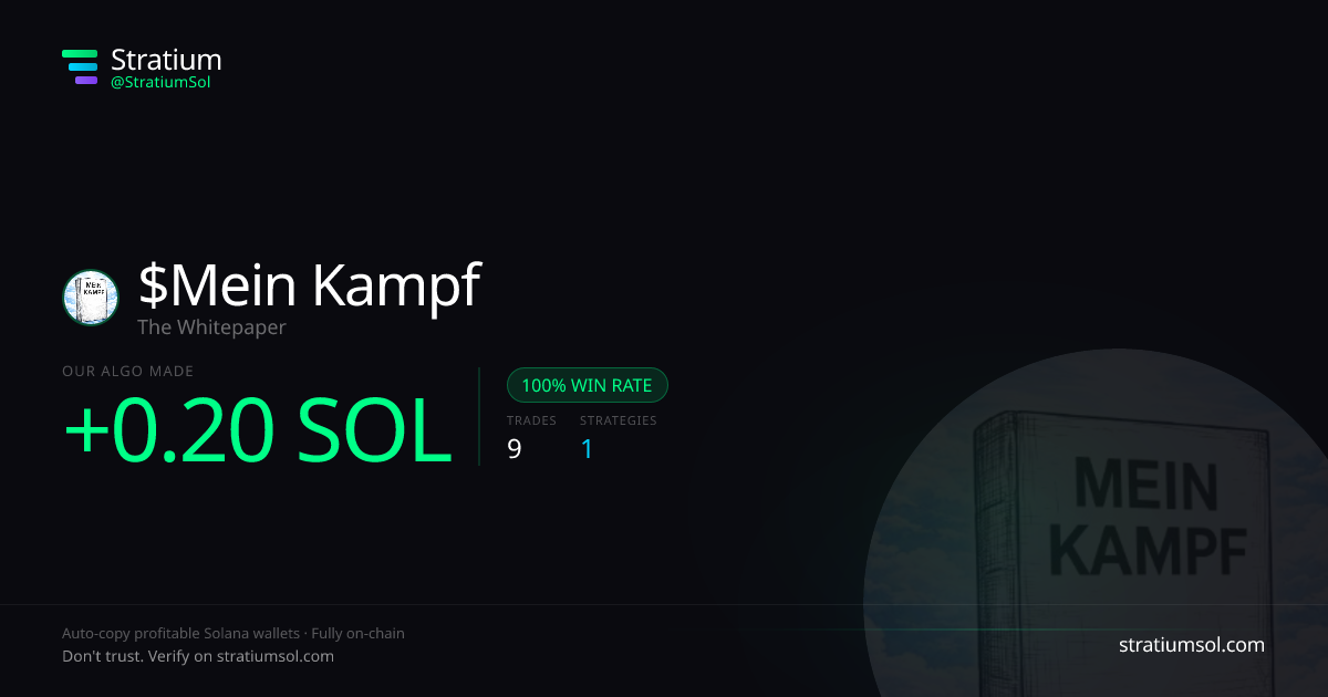 Mein Kampf copy trading performance on Stratium — 9 trades, 100% win rate, +0.20 SOL PnL