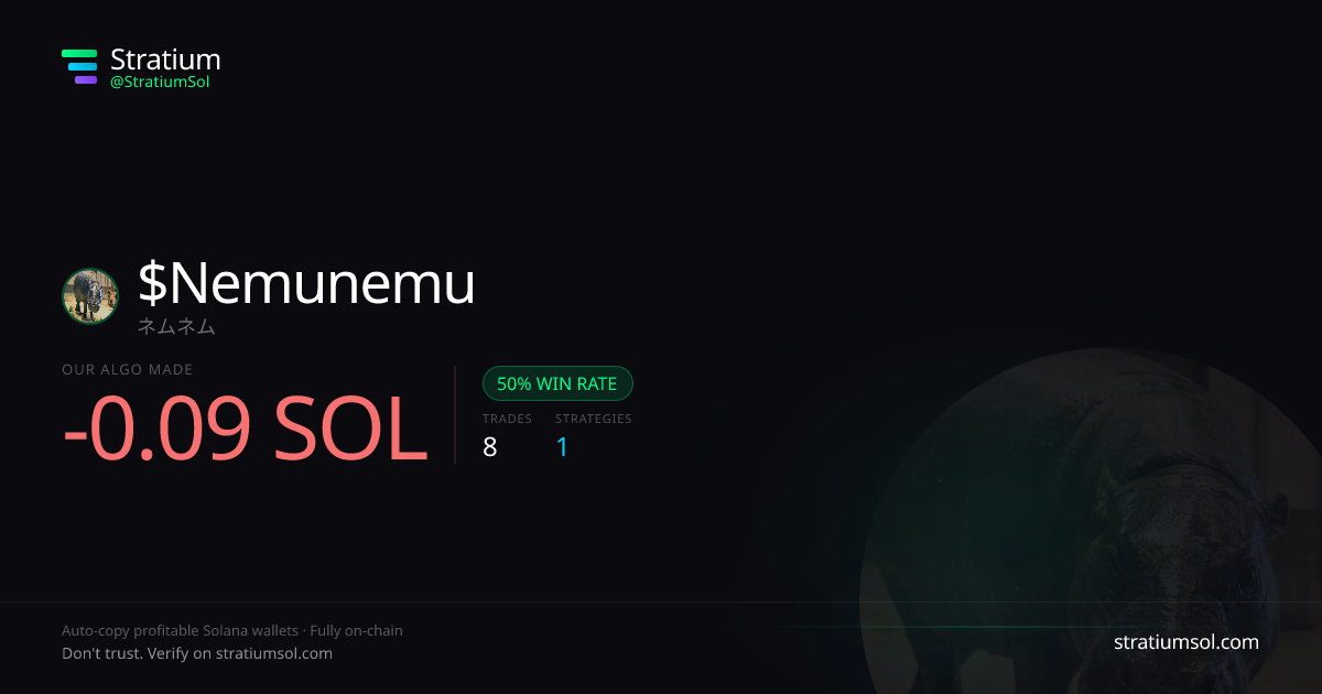 Nemunemu copy trading performance on Stratium — 8 trades, 50% win rate, -0.09 SOL PnL