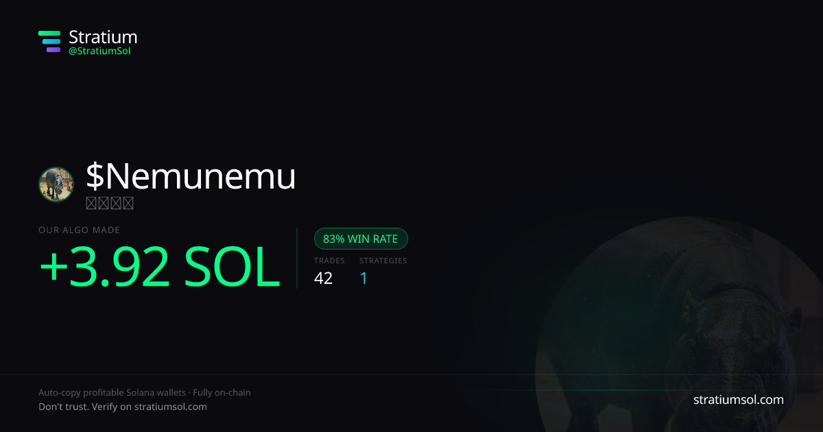 Nemunemu copy trading performance on Stratium — 42 trades, 83% win rate, +3.92 SOL PnL