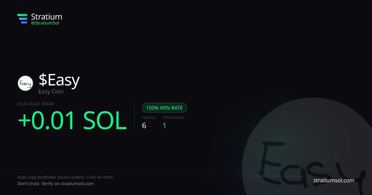 Easy copy trading performance on Stratium — 6 trades, 100% win rate, +0.01 SOL PnL