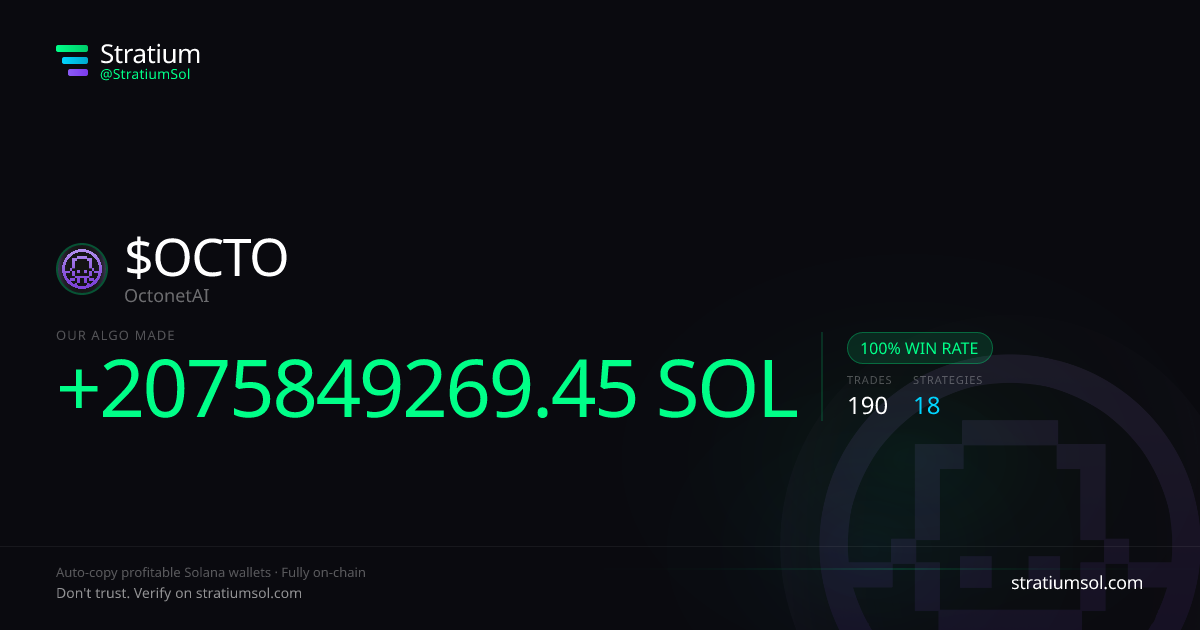 OCTO copy trading performance on Stratium — 190 trades, 100% win rate, +2075849269.45 SOL PnL