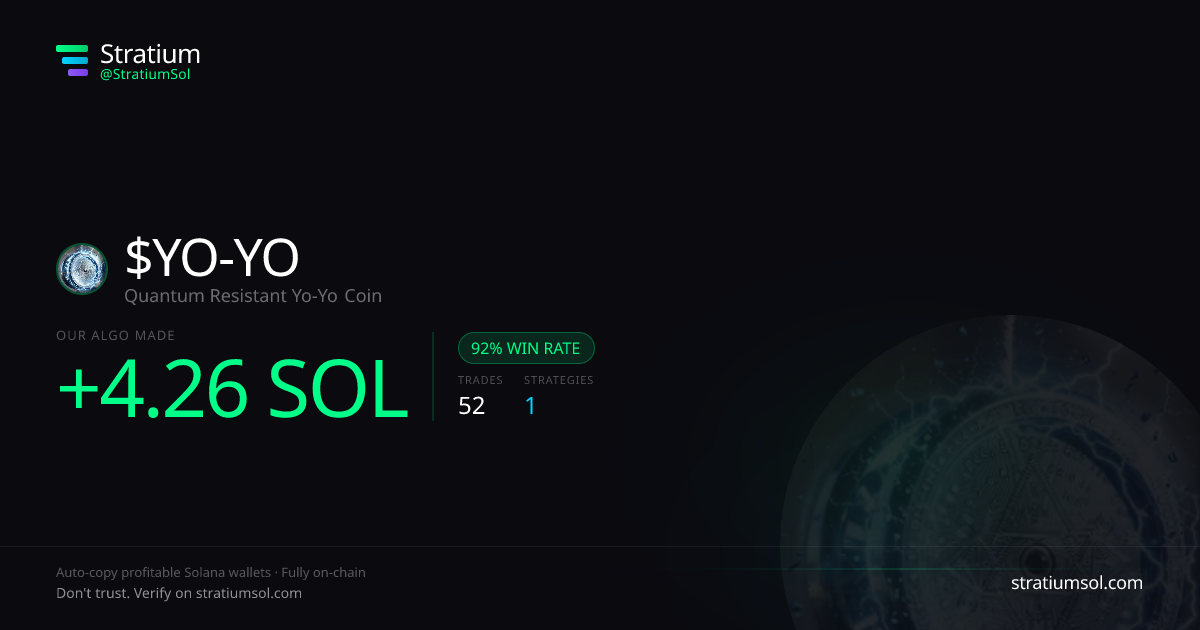 YO-YO copy trading performance on Stratium — 52 trades, 92% win rate, +4.26 SOL PnL